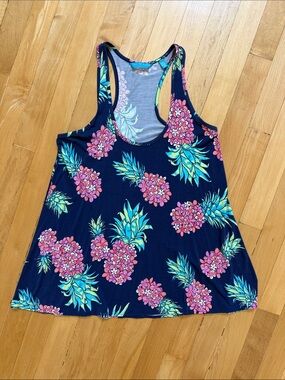Tori Richard Navy Floral Racerback Tank with Pink & Green Pineapple Print XS